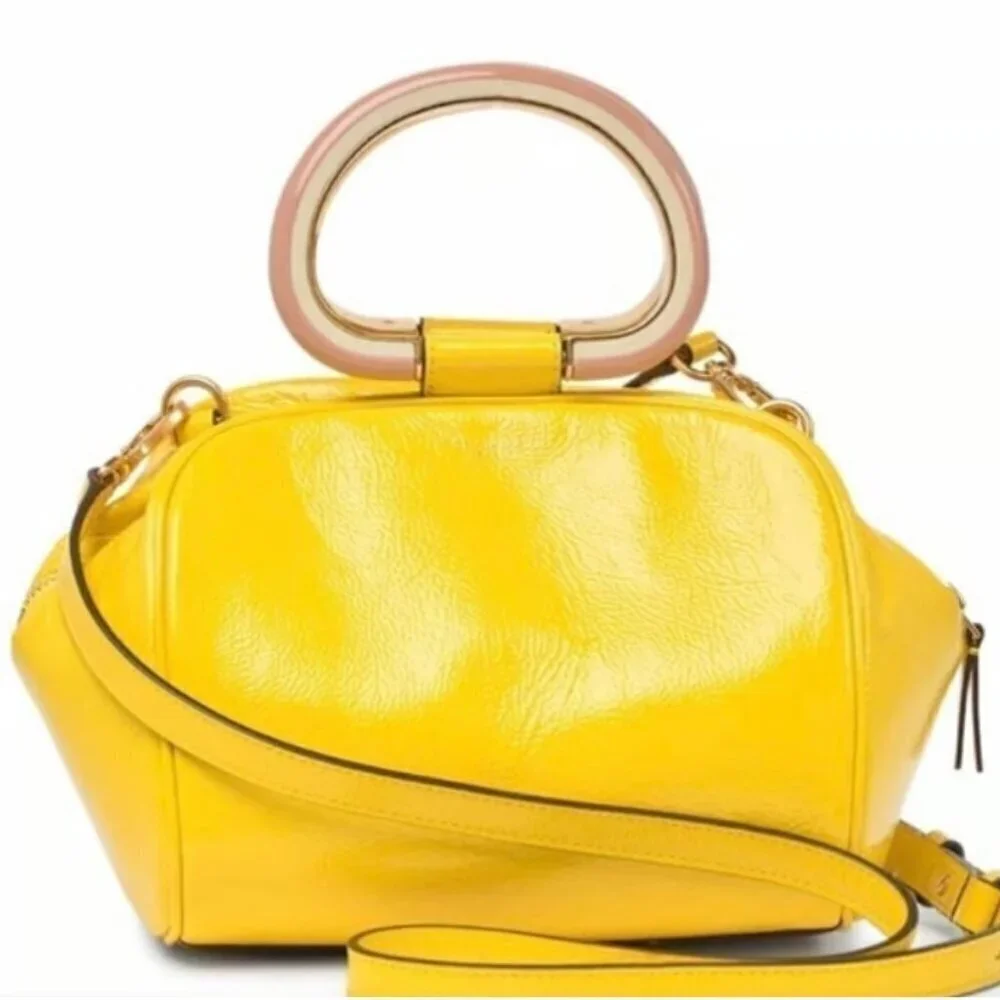 NEW! NWT! Tory Burch Half Moon Strip Mini Satchel Boston -Yellow Leather Women